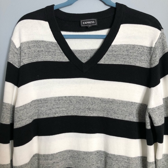 Express Men's V Neck Black, White and Grey Striped Sweater - Picture 2 of 4